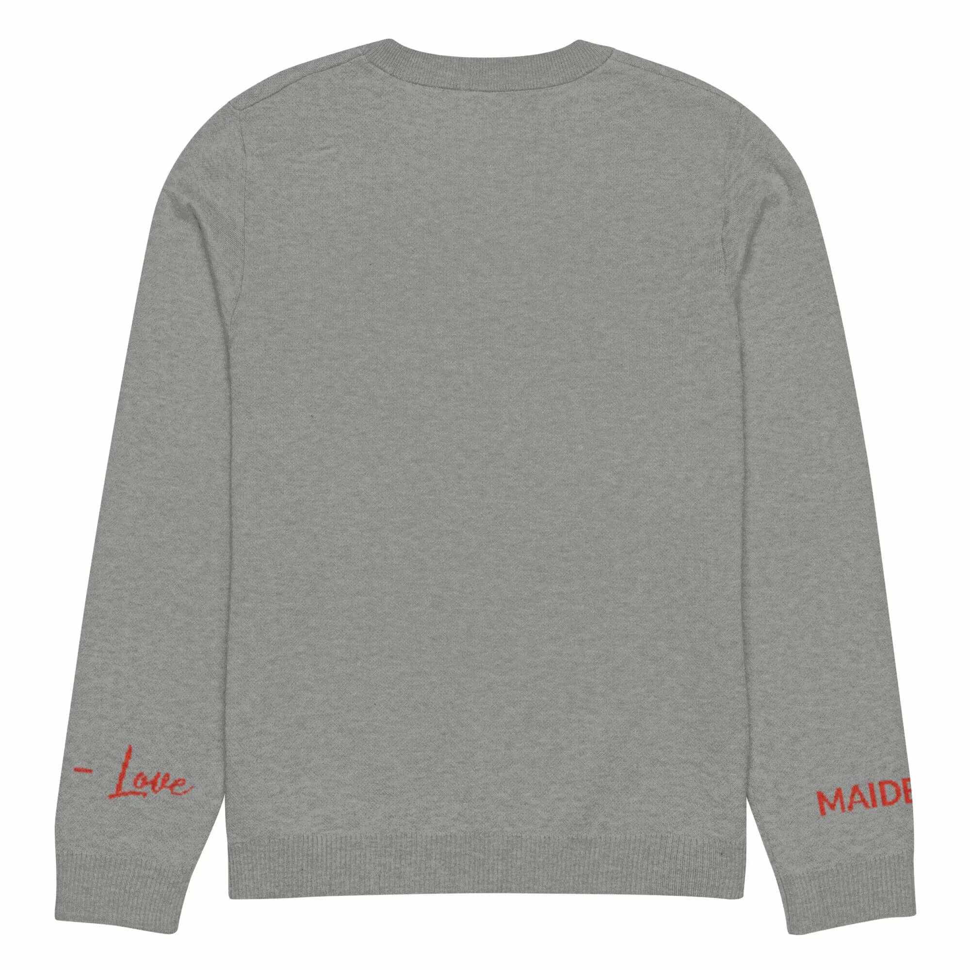 Back view of a soft grey knit crew neck sweater with red text detailing that reads 'Love' and 'MAIDEN'.