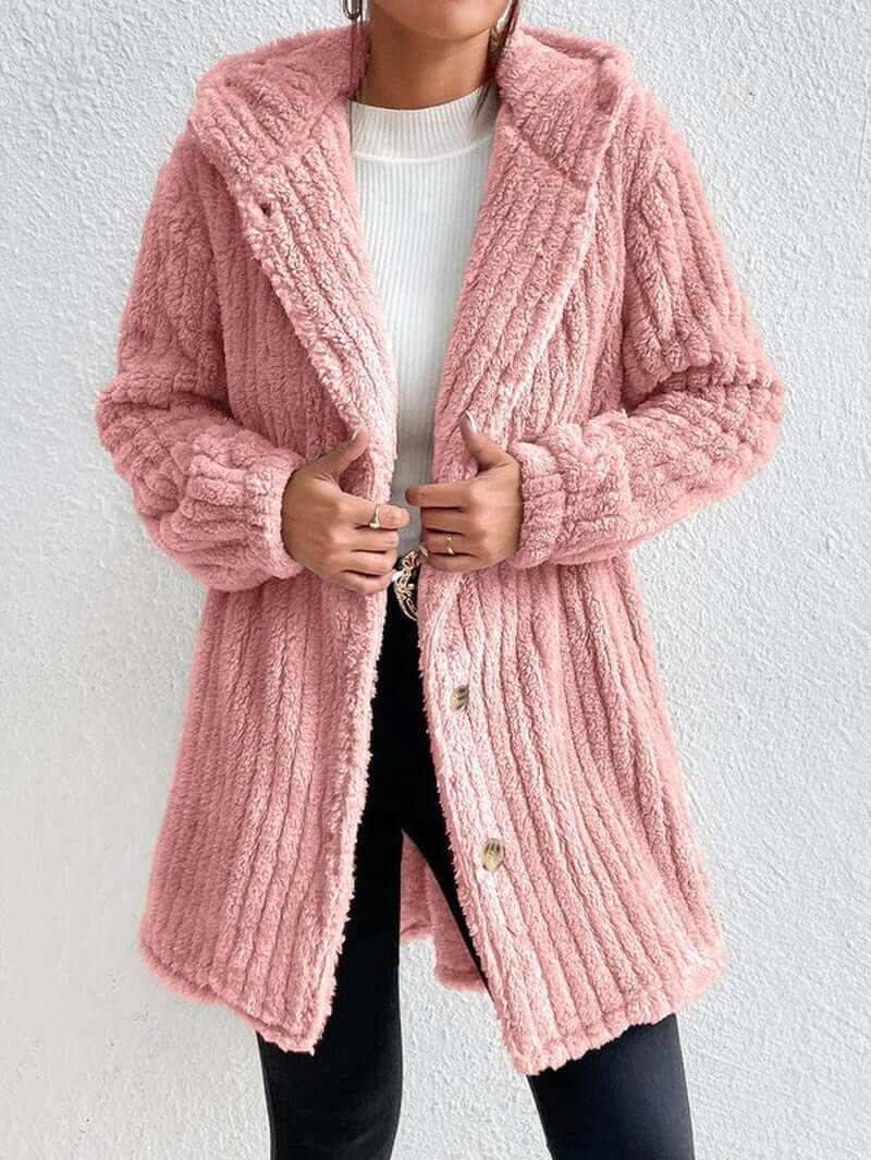 Cozy Teddy Hooded Winter Coat in pink, featuring soft fleece fabric and oversized design for ultimate comfort and style.