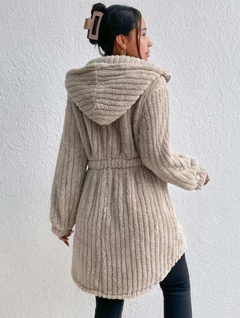 Cozy Teddy Hooded Winter Coat in soft beige with a belted waist, perfect for chilly weather.