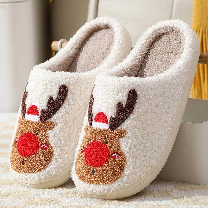 cozy winter home slippers with reindeer design and plush lining for warmth and comfort