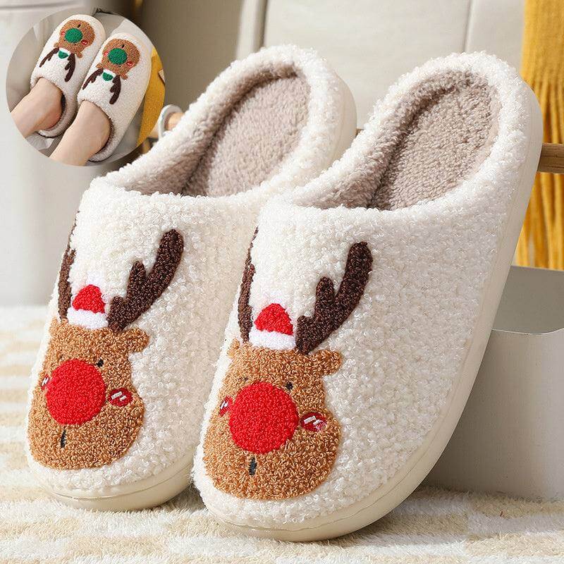 cozy winter home slippers with reindeer design and plush lining for warmth and comfort