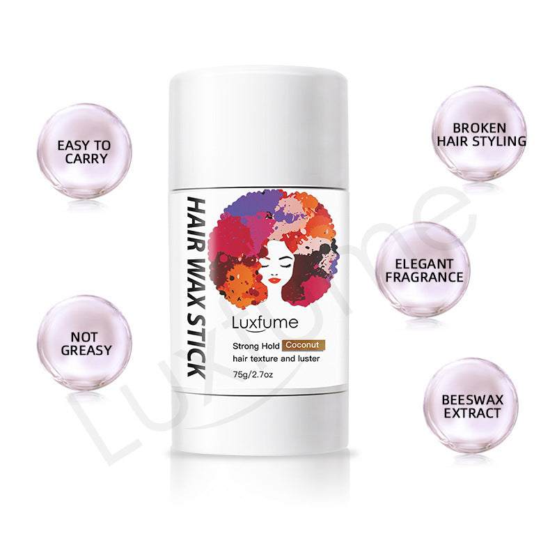 Cream Styling Hair Wax Stick with coconut fragrance, strong hold, non-greasy, and beeswax extract for frizz control and easy hair styling.