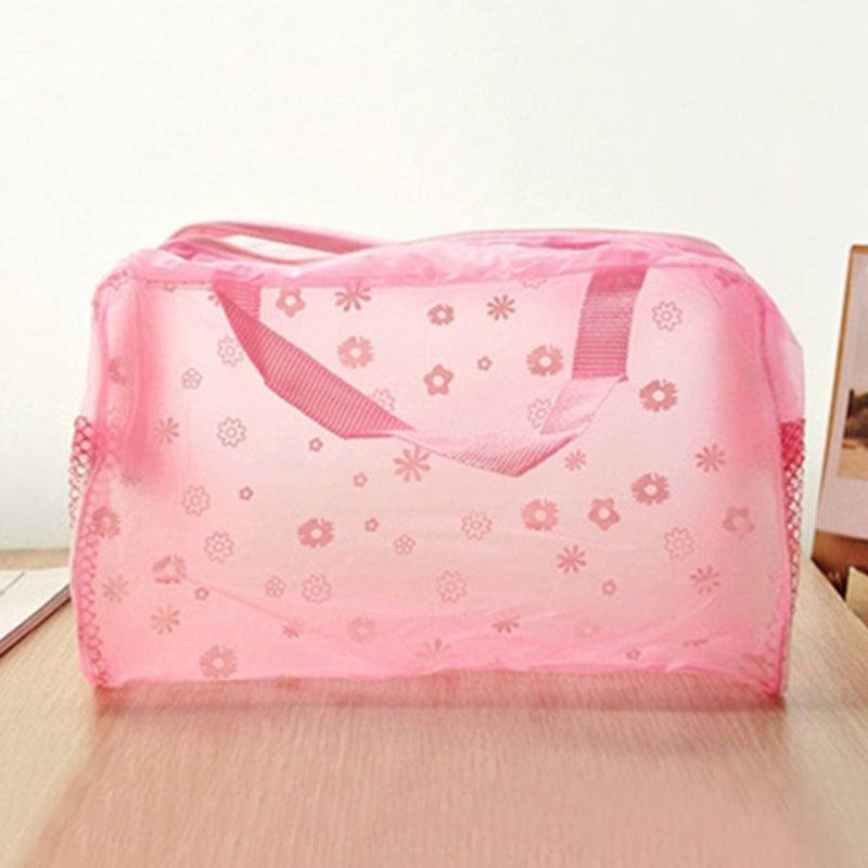 Pink floral transparent waterproof travel cosmetic bag with handles