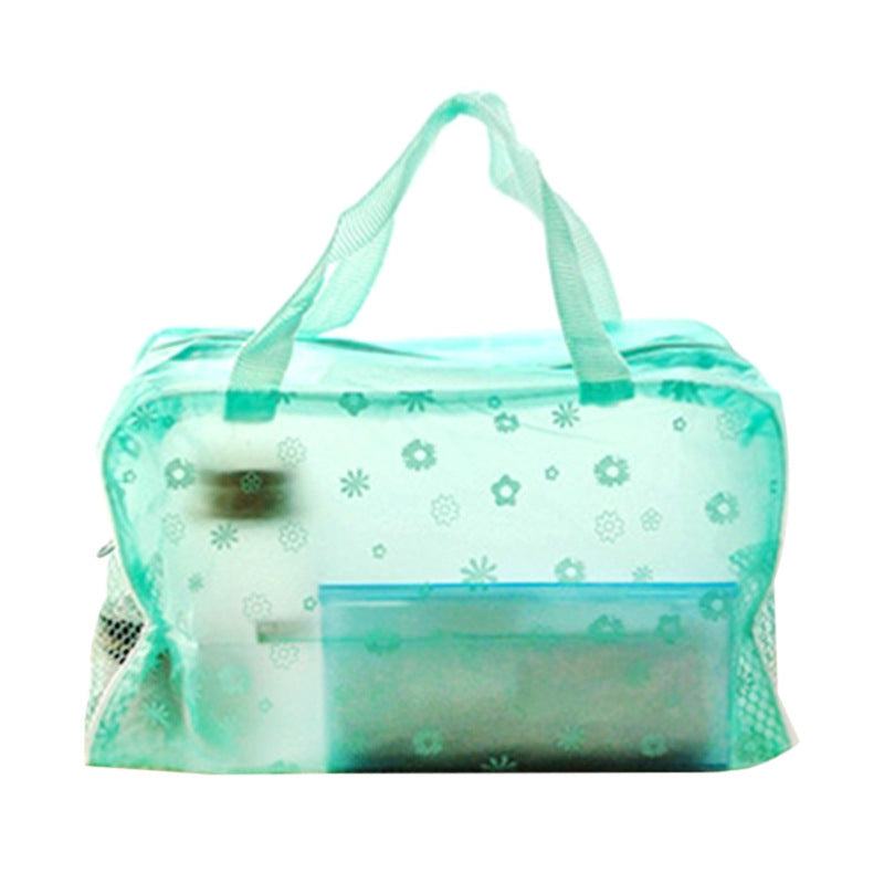 Transparent mint green floral travel waterproof cosmetics bag with handles