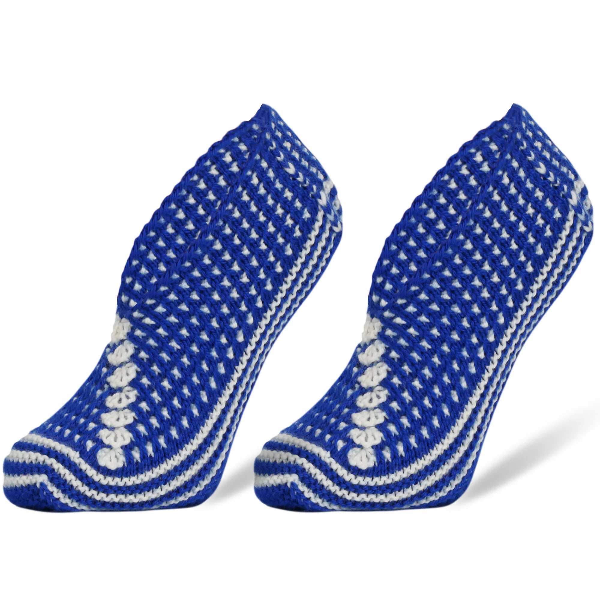 Hand knitted blue crochet slippers for women, sizes 5-7, soft and warm for year-round comfort.