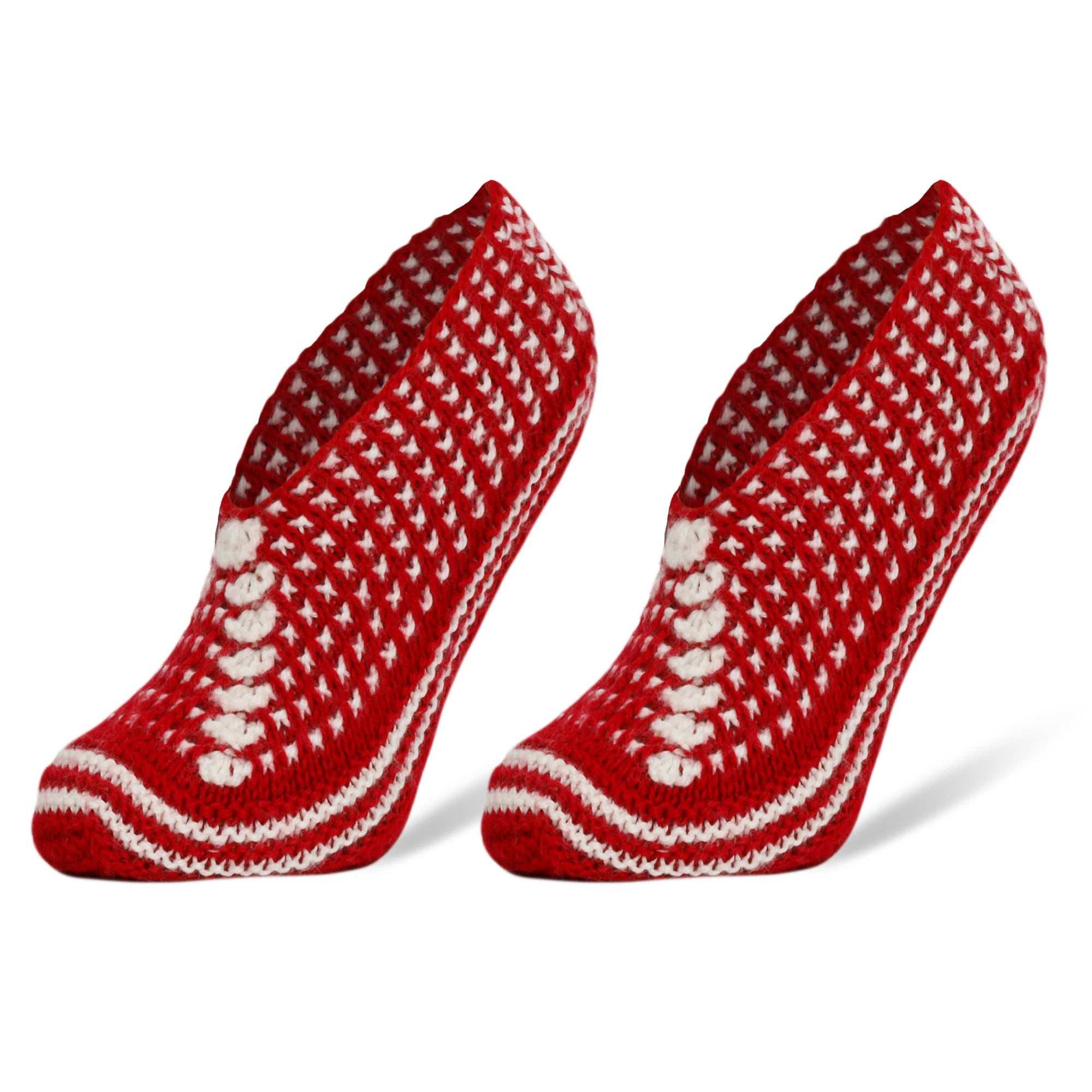 Handmade red crochet slippers for women, comfortable knit socks size 5-7, perfect for all seasons.