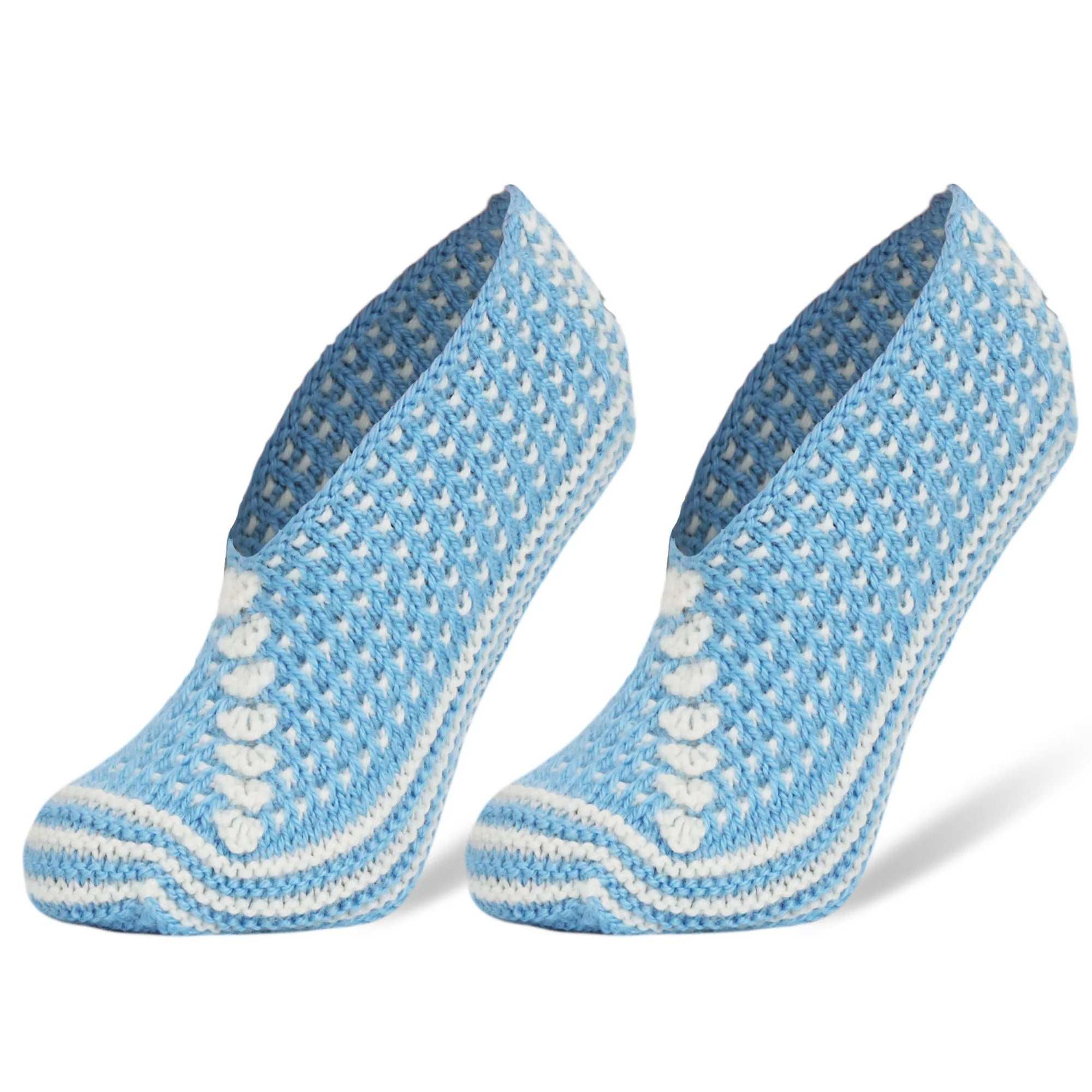 Handmade blue and white crochet slippers for women, size 5-7, providing comfort and warmth all year round.