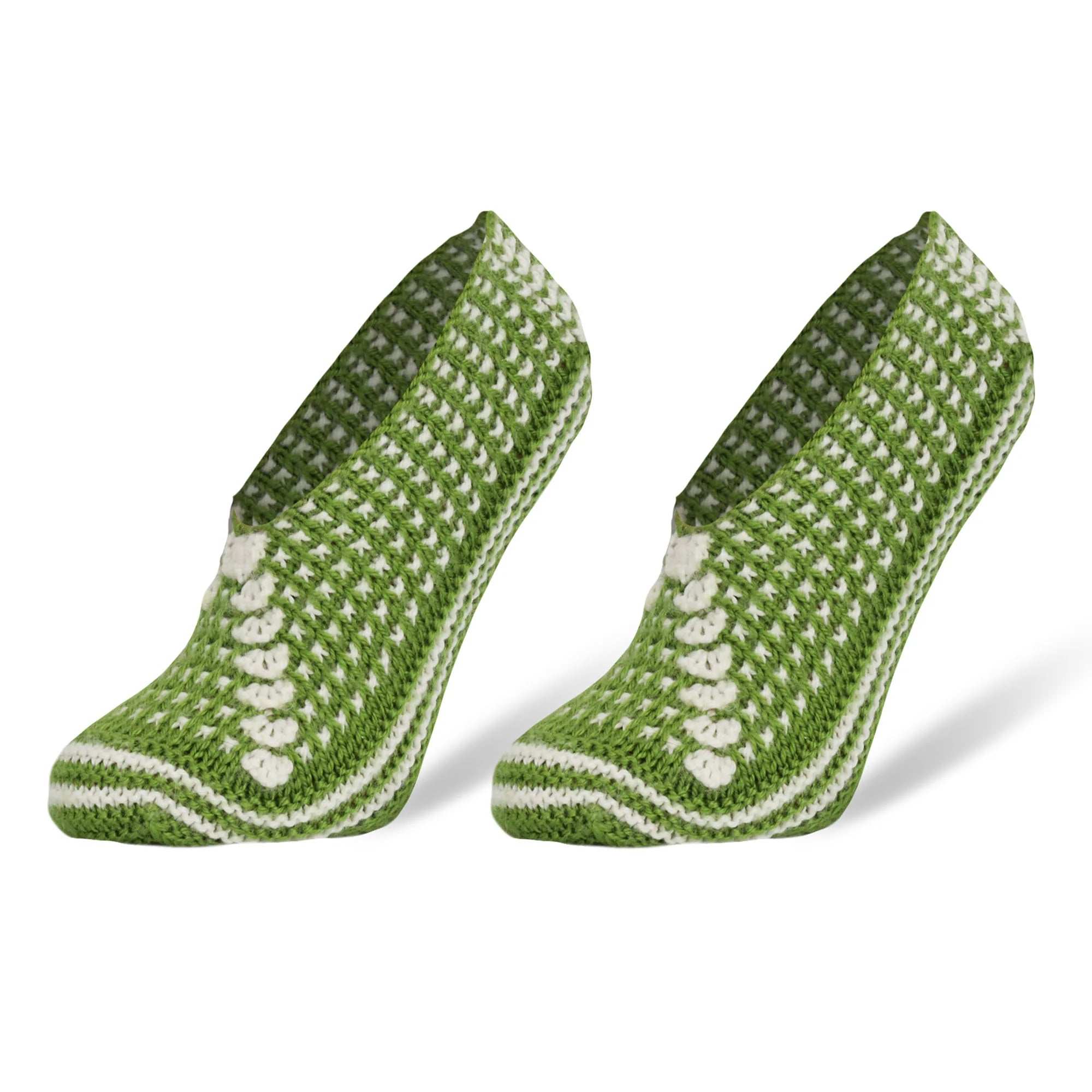 Handmade green crochet slippers for women, soft and comfortable, perfect for year-round use.