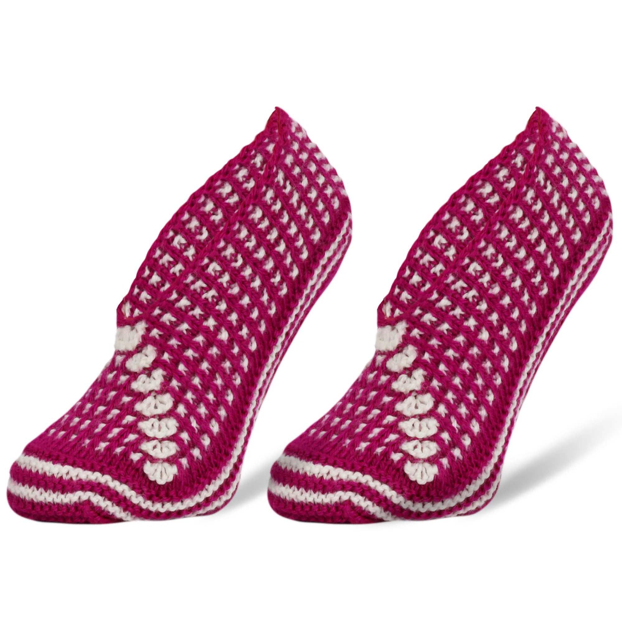 Handmade crochet slippers for women, cozy knit socks in vibrant pink, size 5-7, perfect for year-round comfort.