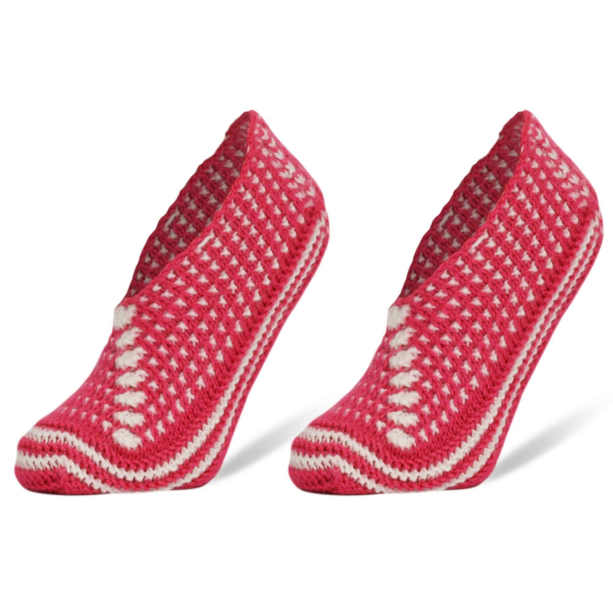 Handmade crochet slippers for women in red and white, designed for comfort and warmth, ideal for year-round wear.