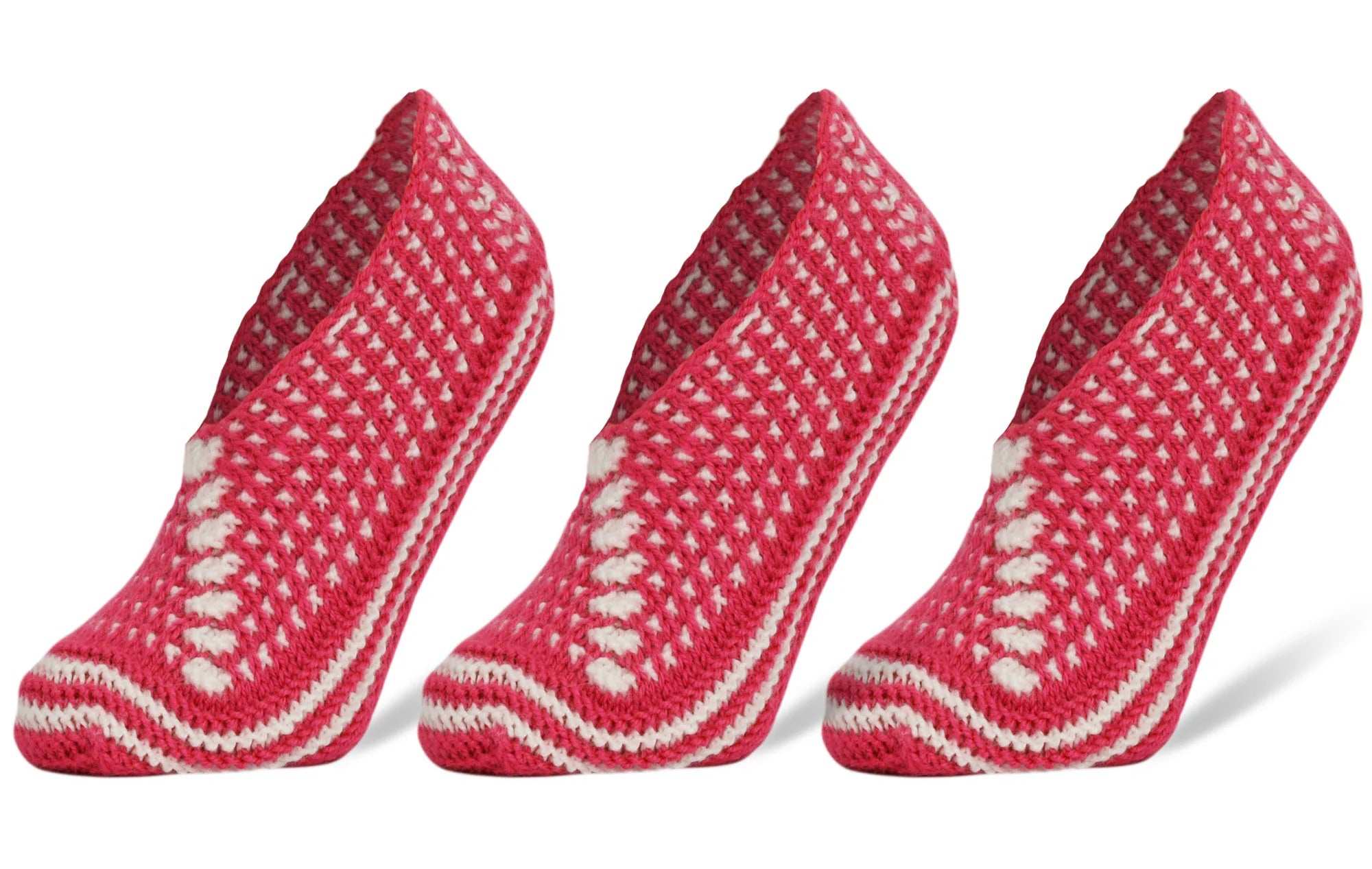 Three pairs of handmade crochet slipper socks for women in red and white, designed for comfort and warmth.