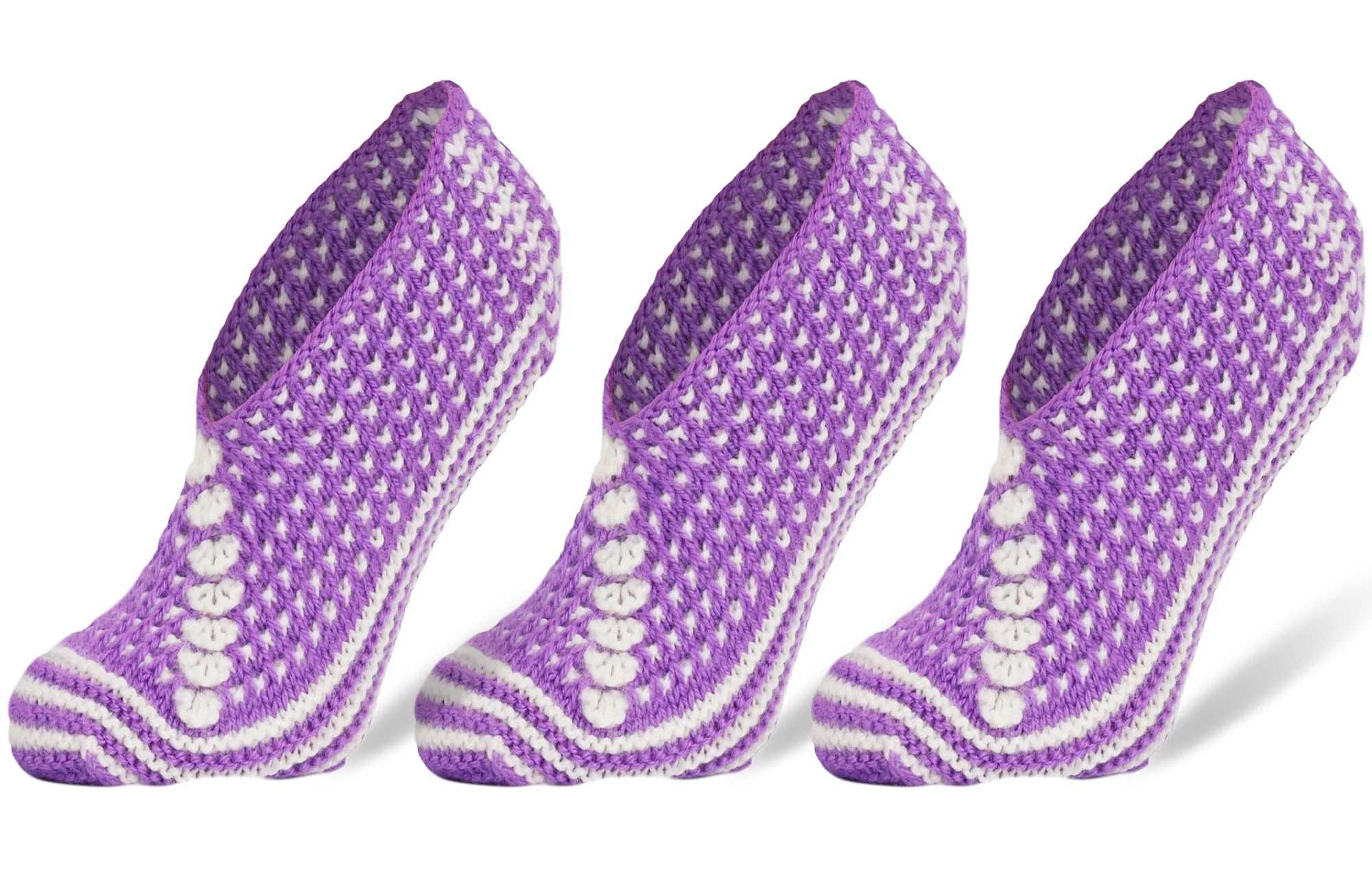 Crochet slipper socks for women, 3 pairs in purple, handmade, soft, warm, and comfortable for all seasons.
