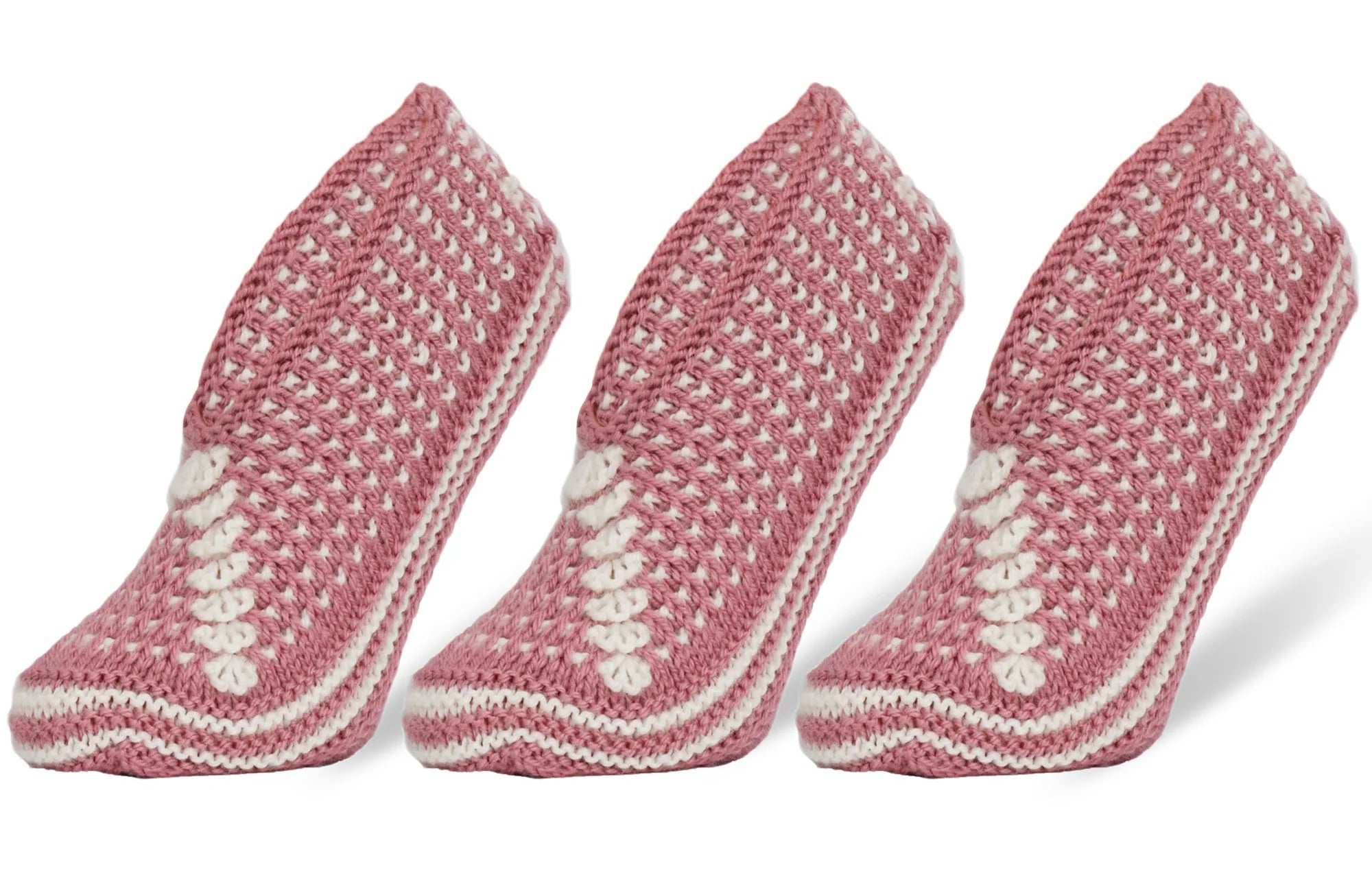 Three pairs of pink crochet slipper socks for women, hand-knitted, comfortable, and perfect for all seasons.