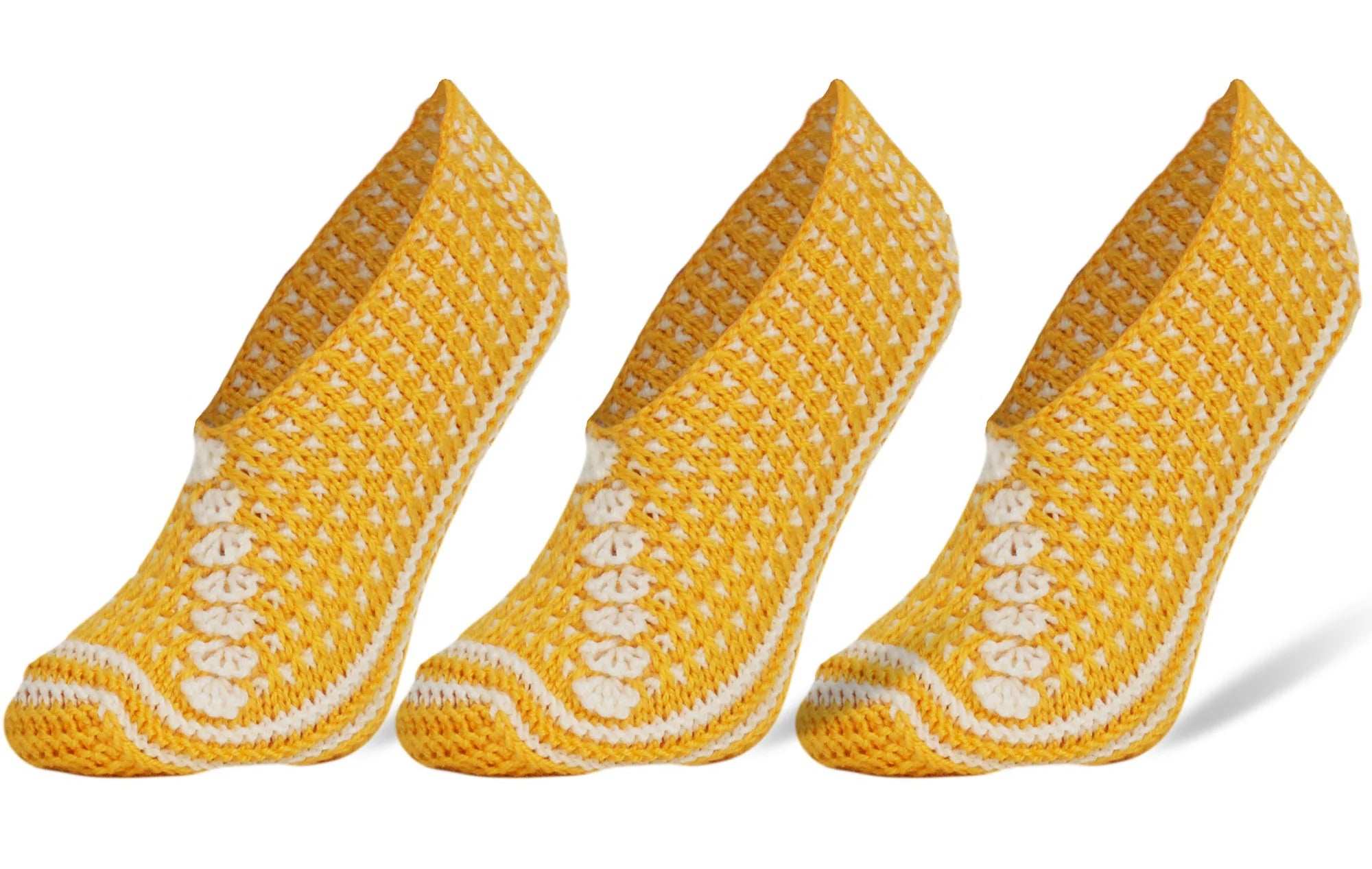 Handmade crochet slipper socks in yellow, three pairs designed for comfort and warmth, suitable for all seasons.