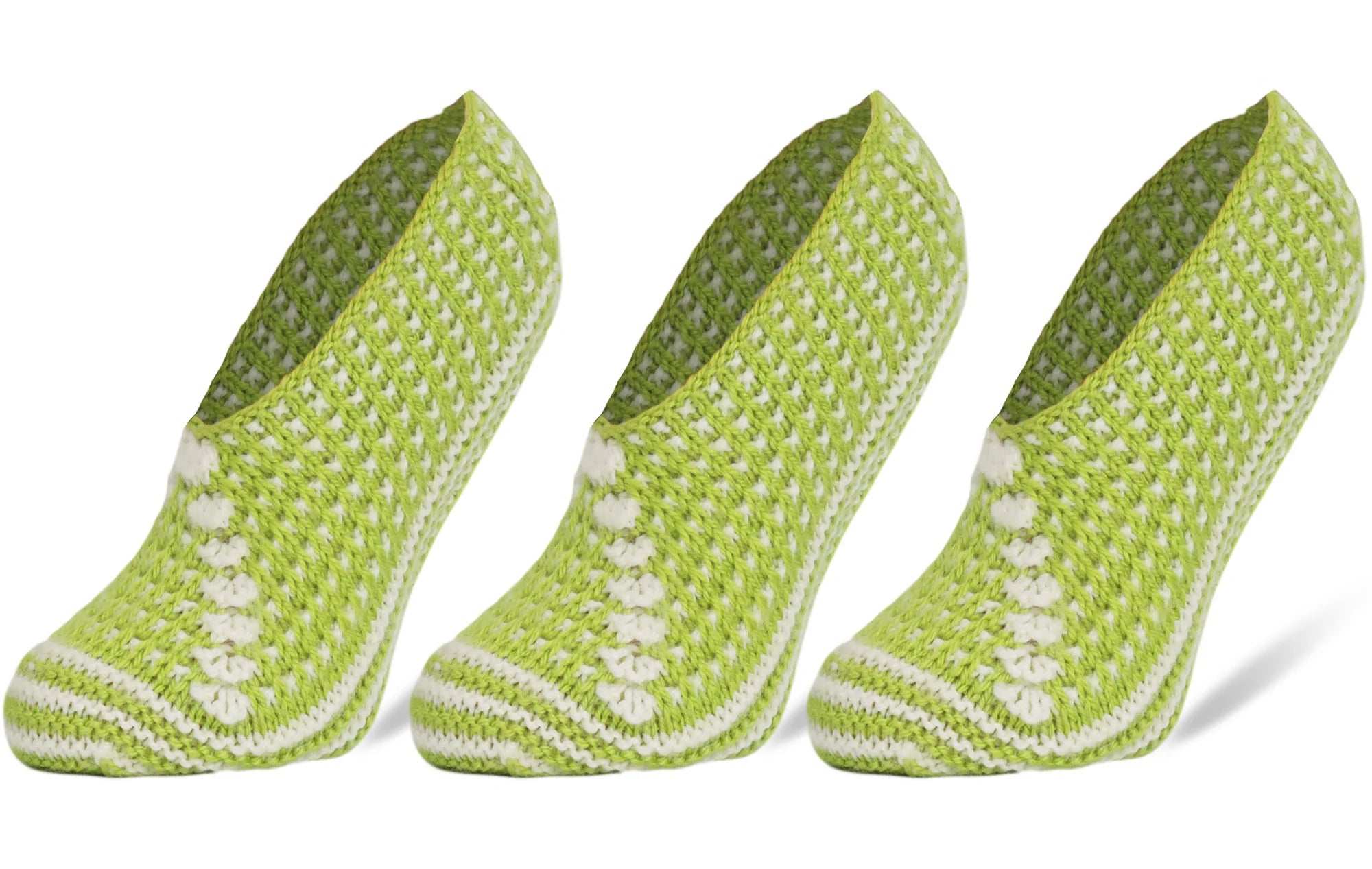 Crochet slipper socks for women, 3 pairs in vibrant green, handmade, comfortable, stylish for all seasons, shoe size 5-7.