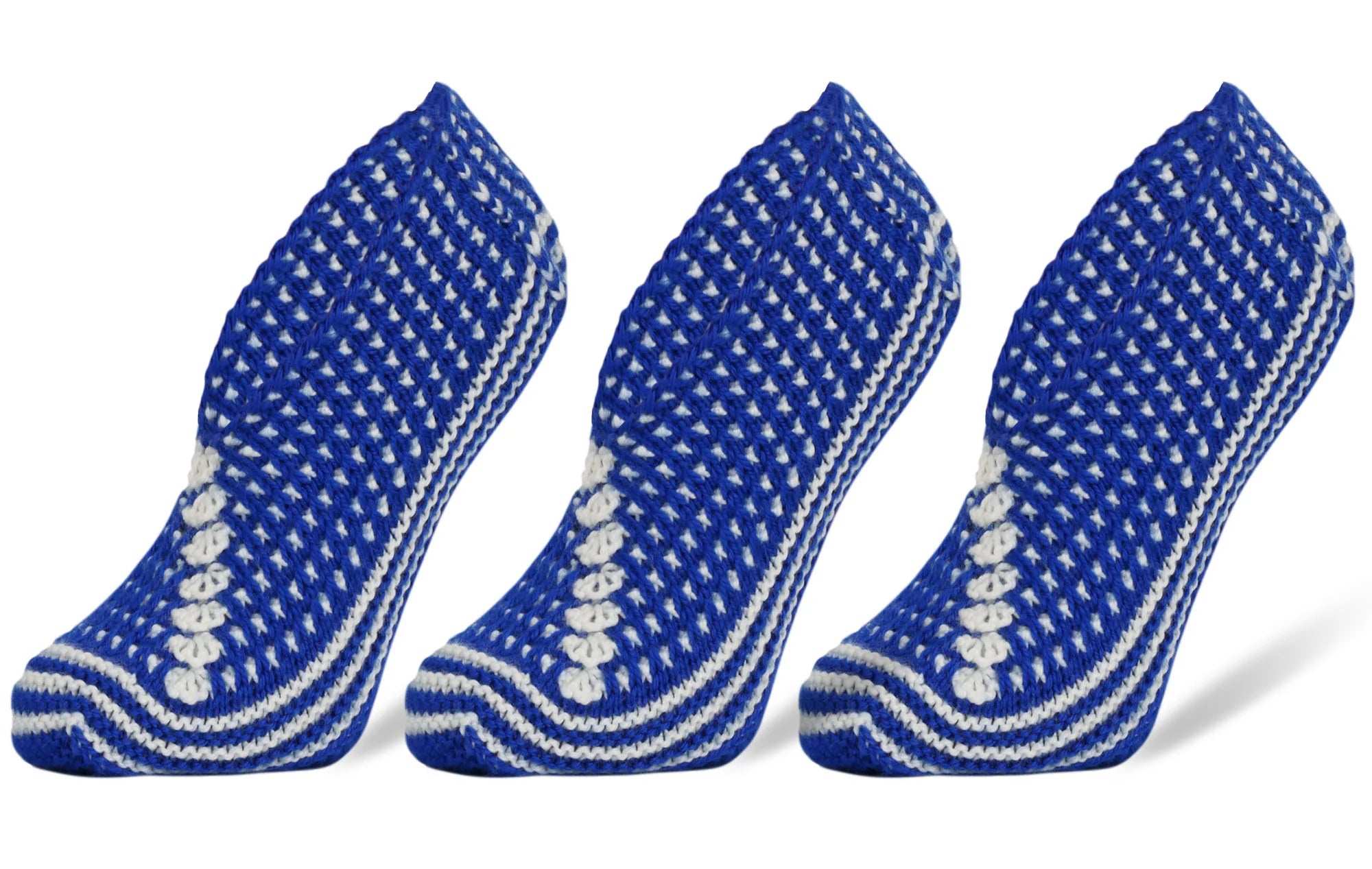 Blue crochet slipper socks for women, handmade, warm and comfortable for daily wear.