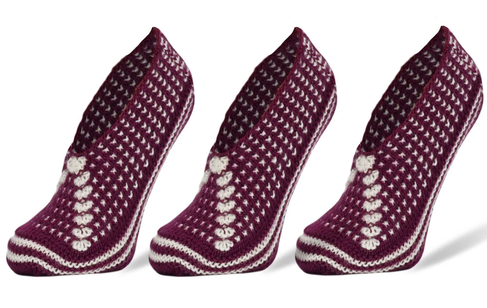 Handmade crochet slipper socks for women, set of 3 pairs in burgundy, comfortable and warm for all seasons.