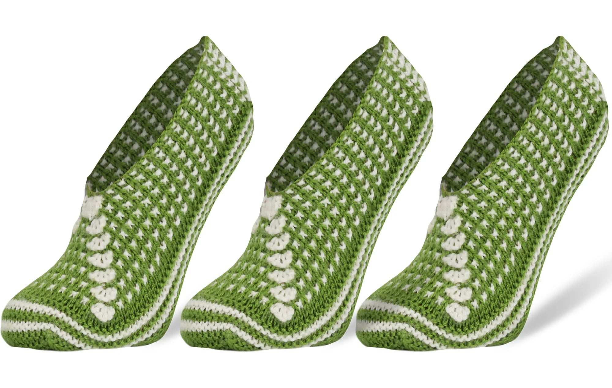Handmade crochet slipper socks for women in green, featuring a vintage design, perfect for year-round comfort.