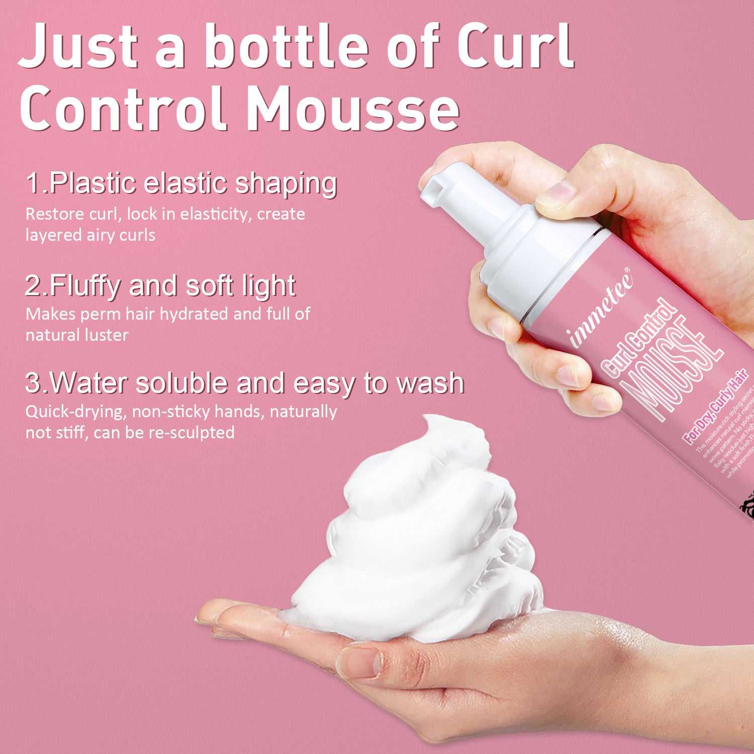 Hand holding pink bottle of defining and moisturizing curly hair mousse with white mousse foam on palm against pink background with product benefits text