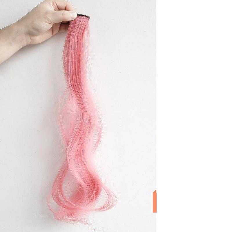 Hanging ear dyed curly hair extension in soft pink color with natural and straightened length options