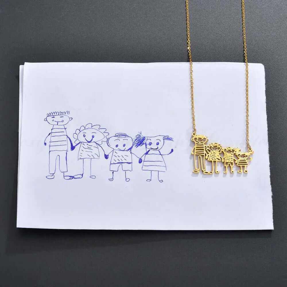 Custom Doodle Drawing Necklace featuring a child's drawing transformed into gold pendant jewelry