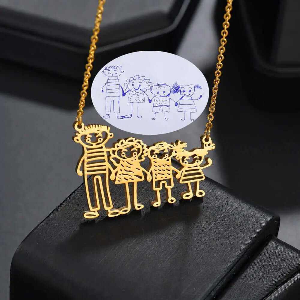 Gold plated custom doodle drawing necklace with child’s artwork pendant design on adjustable chain