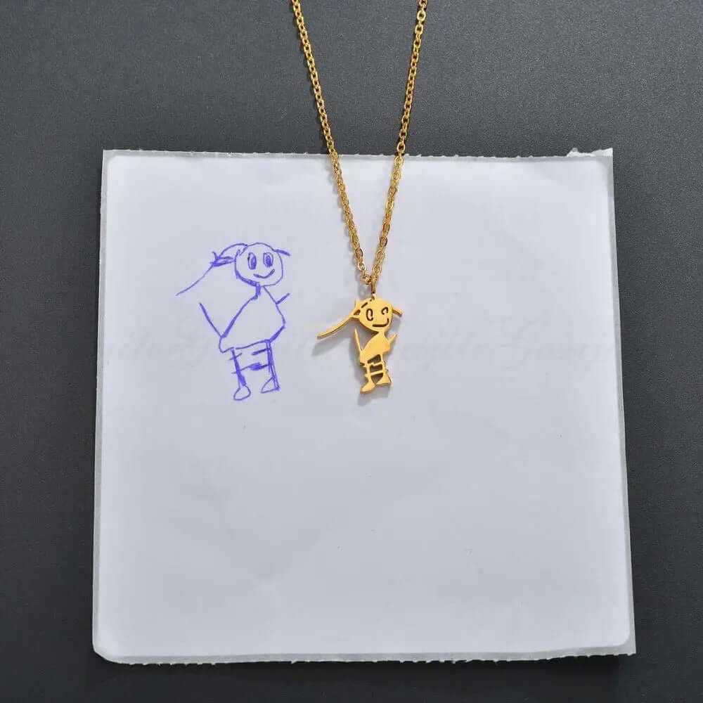 Gold-plated custom doodle drawing necklace pendant matching child's artwork design