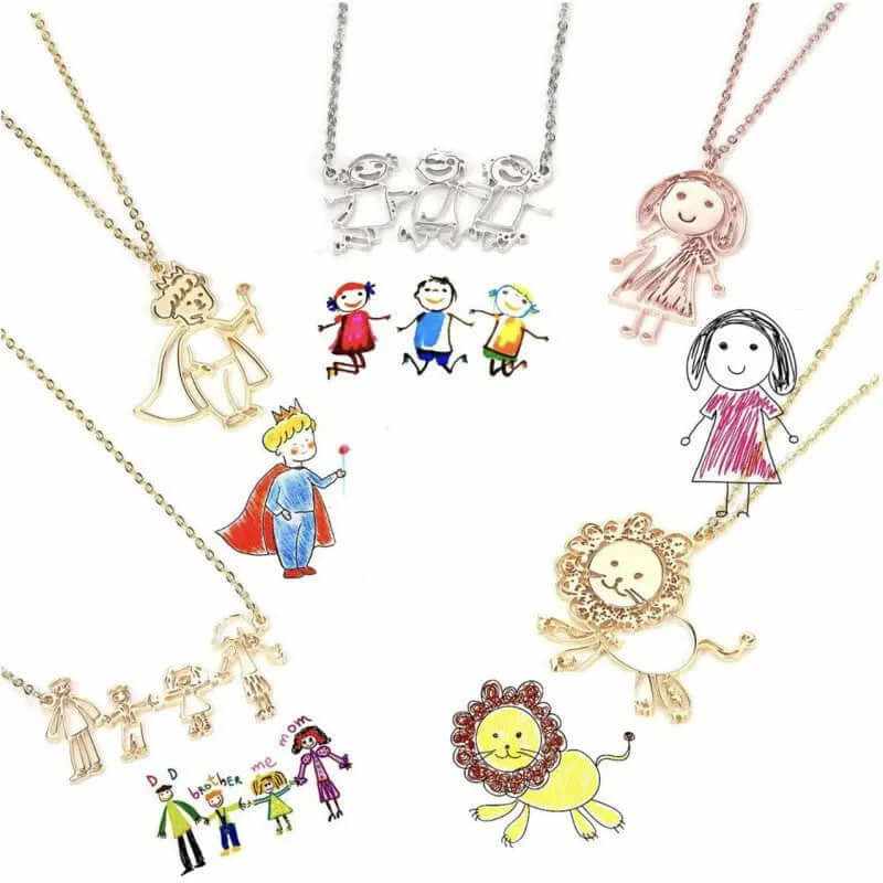 Custom doodle drawing pendant necklaces in gold, silver, and rose gold with unique childlike designs and personalized artwork.