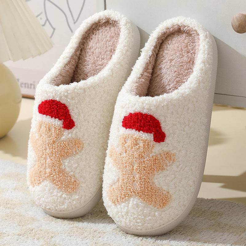 cozy white Santa Claus slippers with red hat cartoon design and soft fleece lining