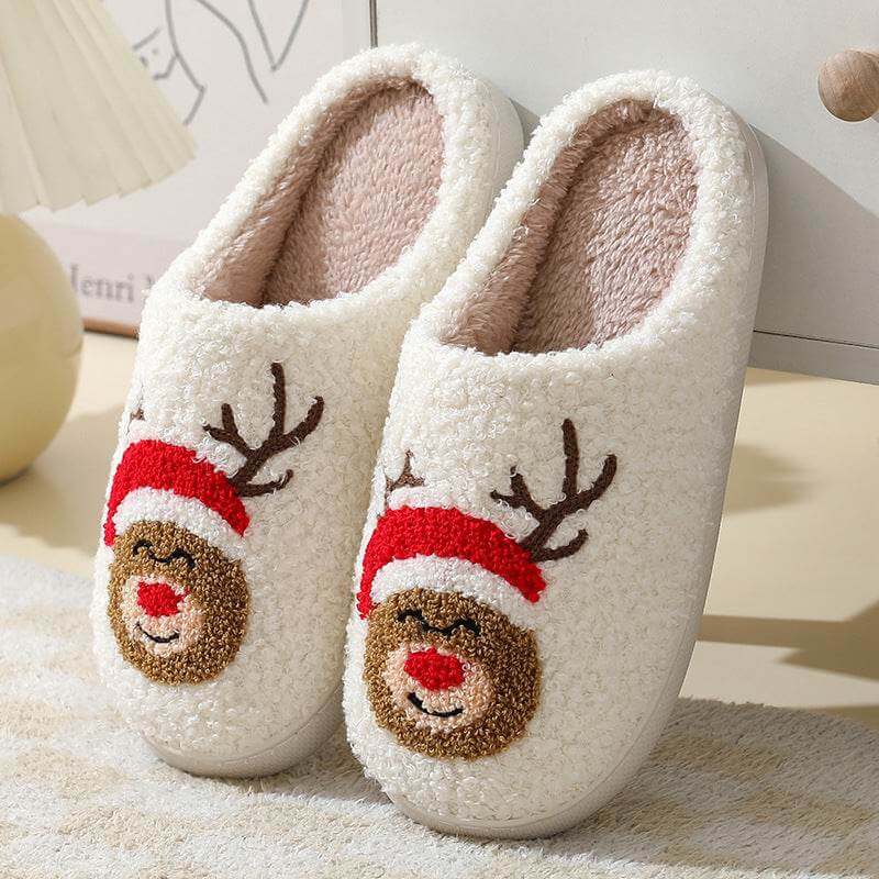 Cute cartoon Santa Claus slippers with reindeer design, warm and comfortable winter footwear