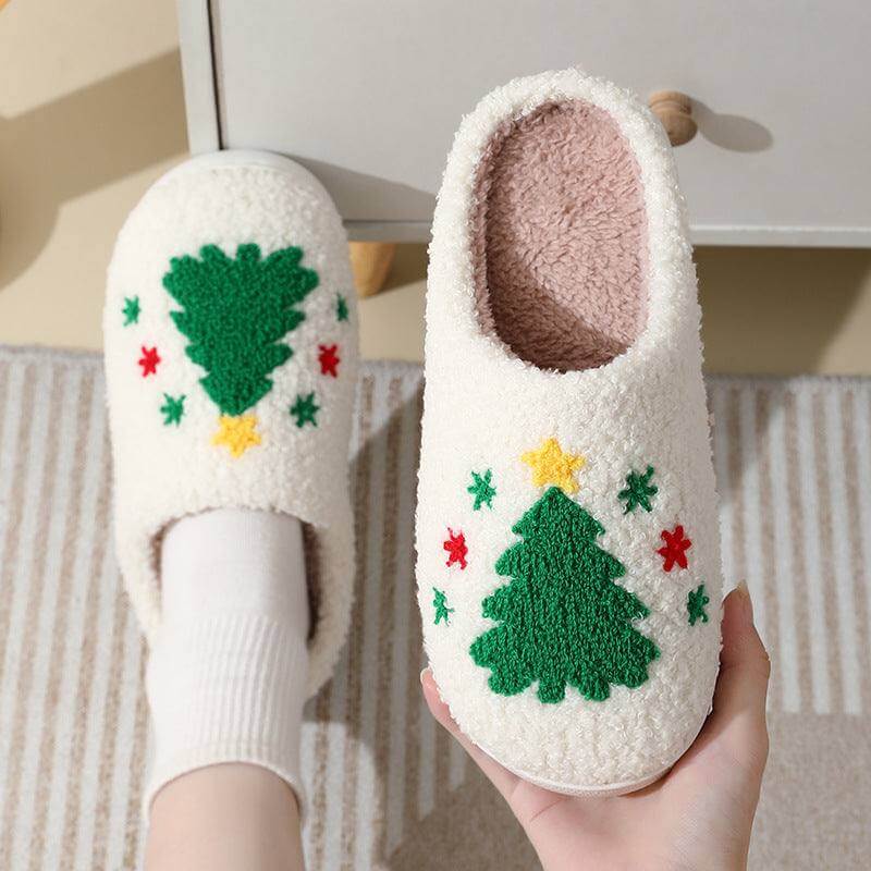 Cozy Santa Claus slippers with cute Christmas tree design and warm plush material