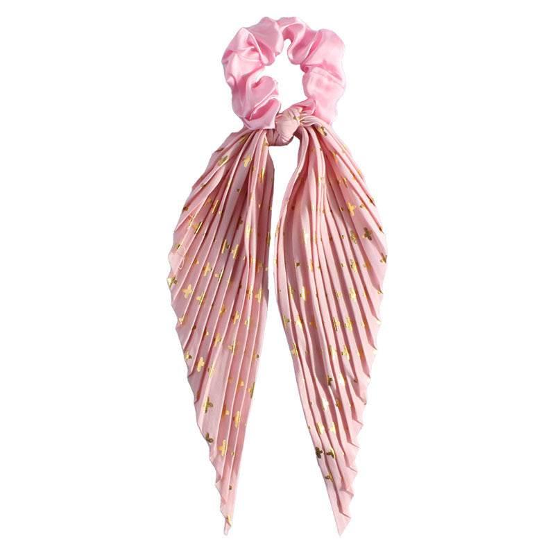 Pink silk ponytail hair loop with floral print and pleated ribbon design