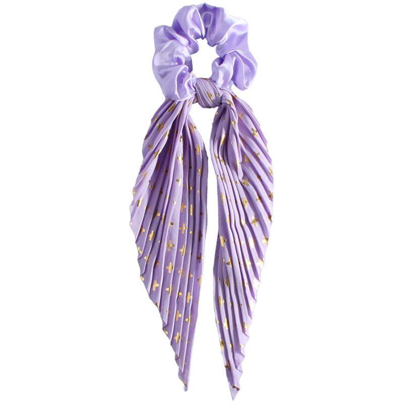 Purple silk ponytail hair loop with floral print and pleated long tails