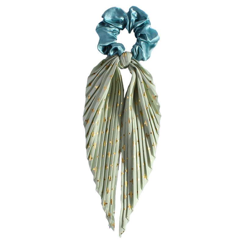 Silk ponytail hair loop with pleated floral fabric and blue elastic band hair accessory