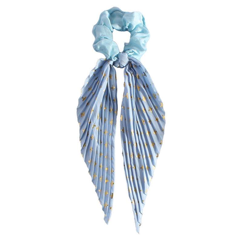 Blue silk ponytail hair loop with gold star print and pleated long ribbons