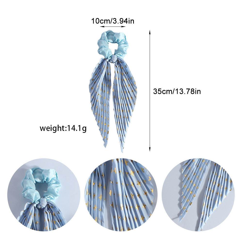 Blue silk ponytail hair loop with floral print and long ribbon tails, 35x10cm, lightweight elastic hair band for women and girls
