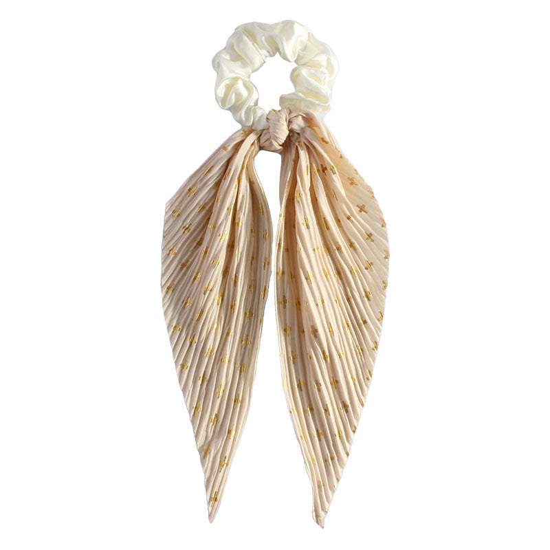 Silk ponytail hair loop with beige floral printed scarf accessory