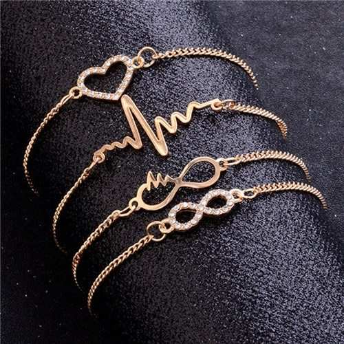 Set of four CZ Heart Gold Crystal gold plated bracelets with heart and infinity designs