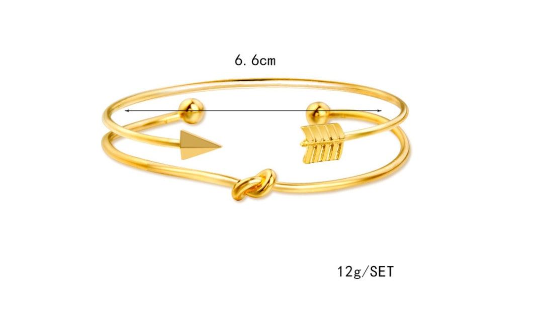 CZ Heart Gold Crystal gold plated alloy bracelet set with heart and arrow design, 6.6cm diameter, 12g weight