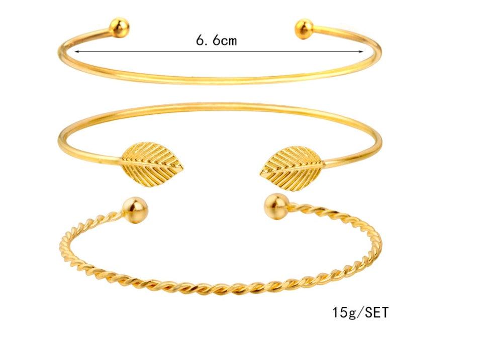 Set of 3 CZ Heart Gold Crystal gold-plated women's bracelets with heart and leaf designs