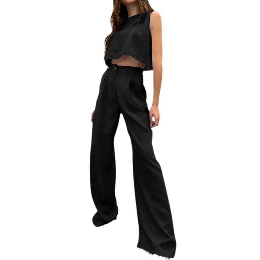 Solid Color Round Neck Sleeveless Vest Top And Trousers