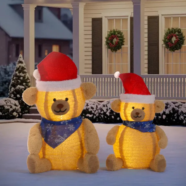 Set Of 2 Lighted Plush Bear Christmas Decorations, Pre-lit Pull Up Holiday Decor With 60 Warm White LED Lights For Xmas Outdoor Indoor Decor Lighted Holiday Displays