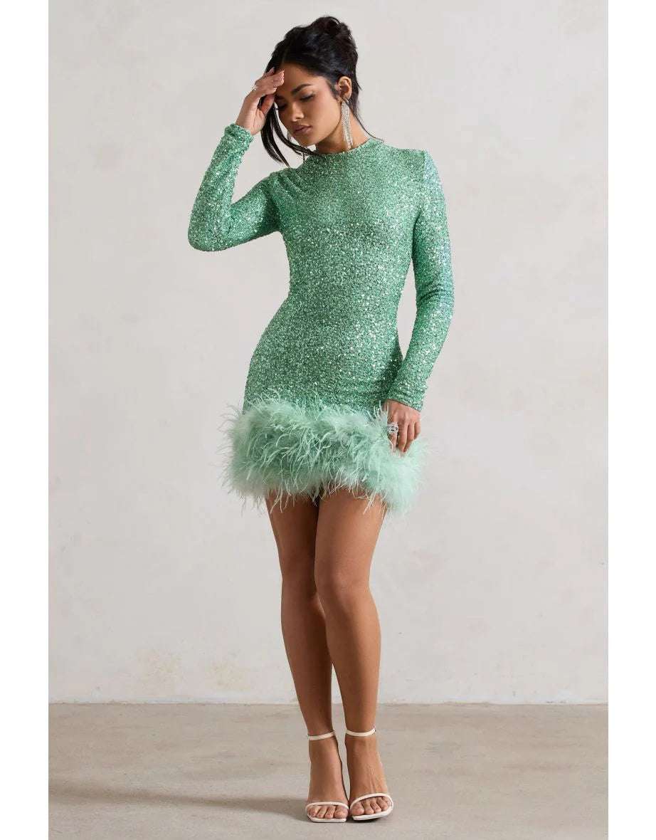 Women's Long Sleeve Sequined Feather Dress Round Neck