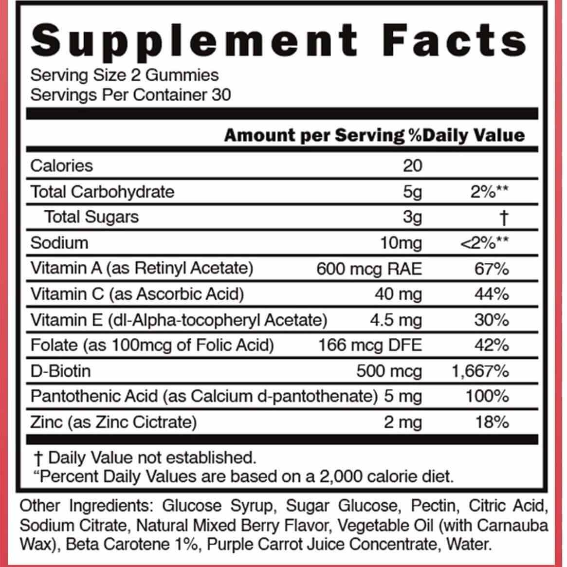 Supplement facts for Daily Beauty Anti-Aging Collagen Peptide Gummies, including vitamins and minerals per serving.