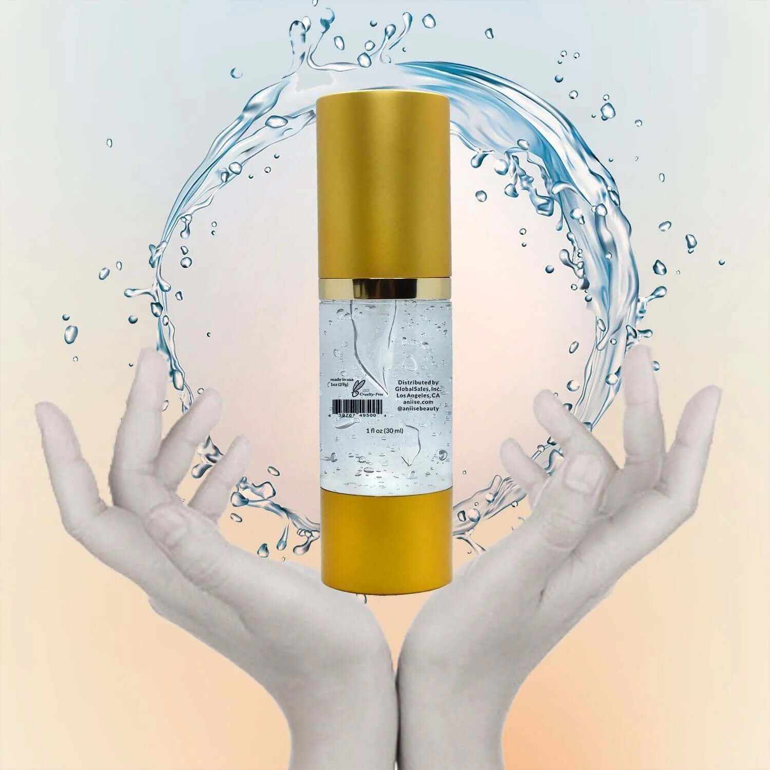 Daily Brightening Ultra Immune Vitamin C Face Serum in gold bottle, surrounded by water splash, held in hands.
