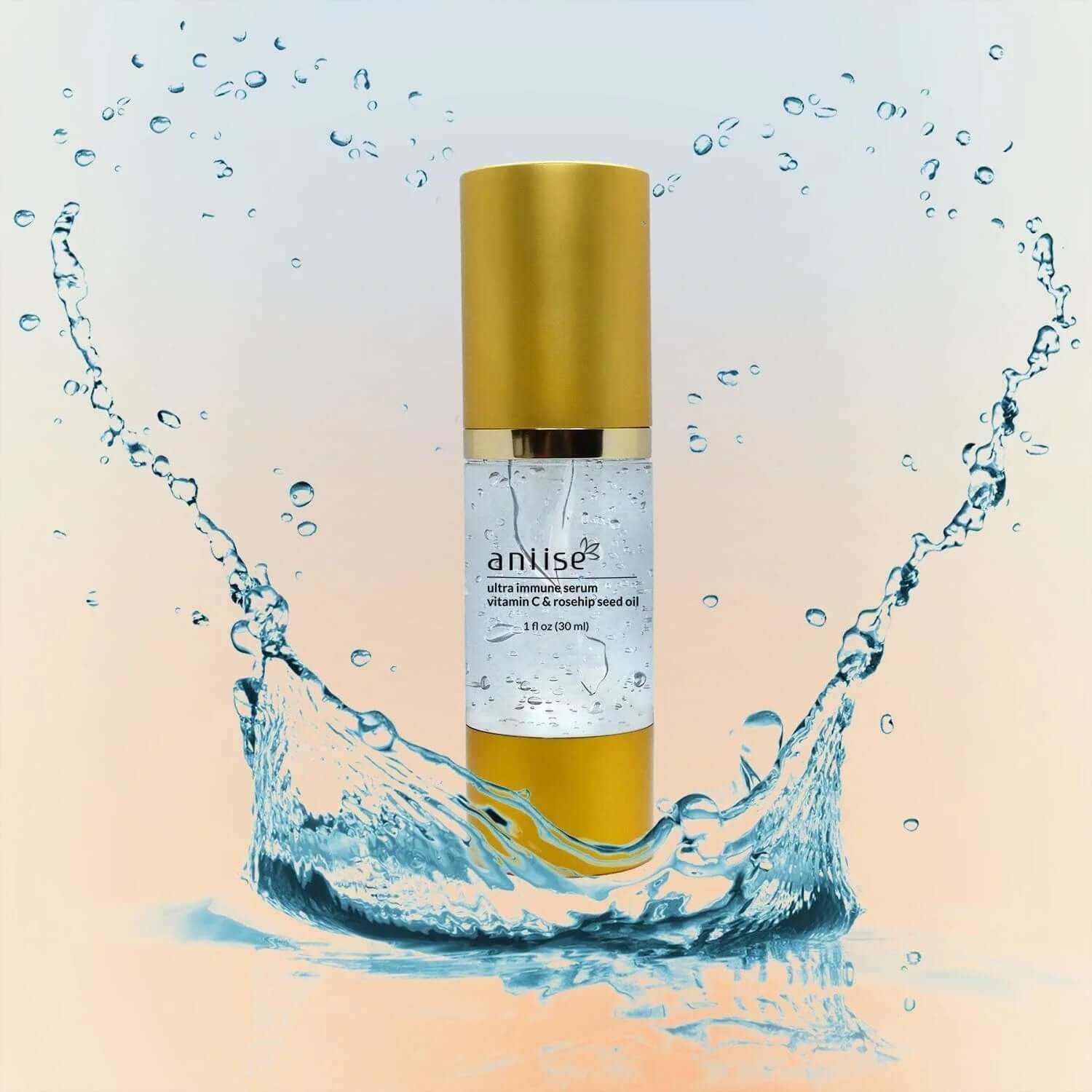 Daily Brightening Ultra Immune Vitamin C Face Serum in splash of water for radiant skin care.