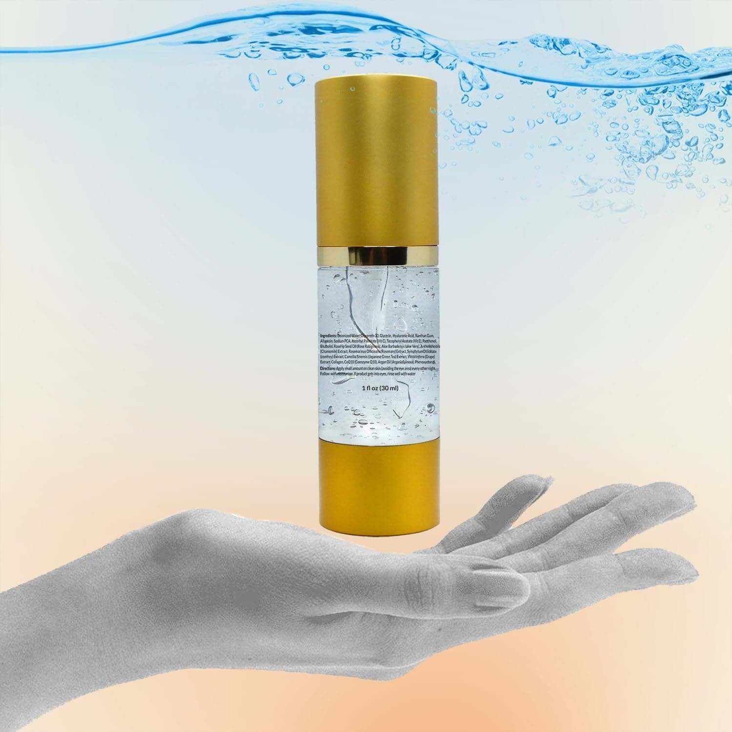 Daily Brightening Ultra Immune Vitamin C Face Serum in a gold bottle held in a hand against a water-themed background.
