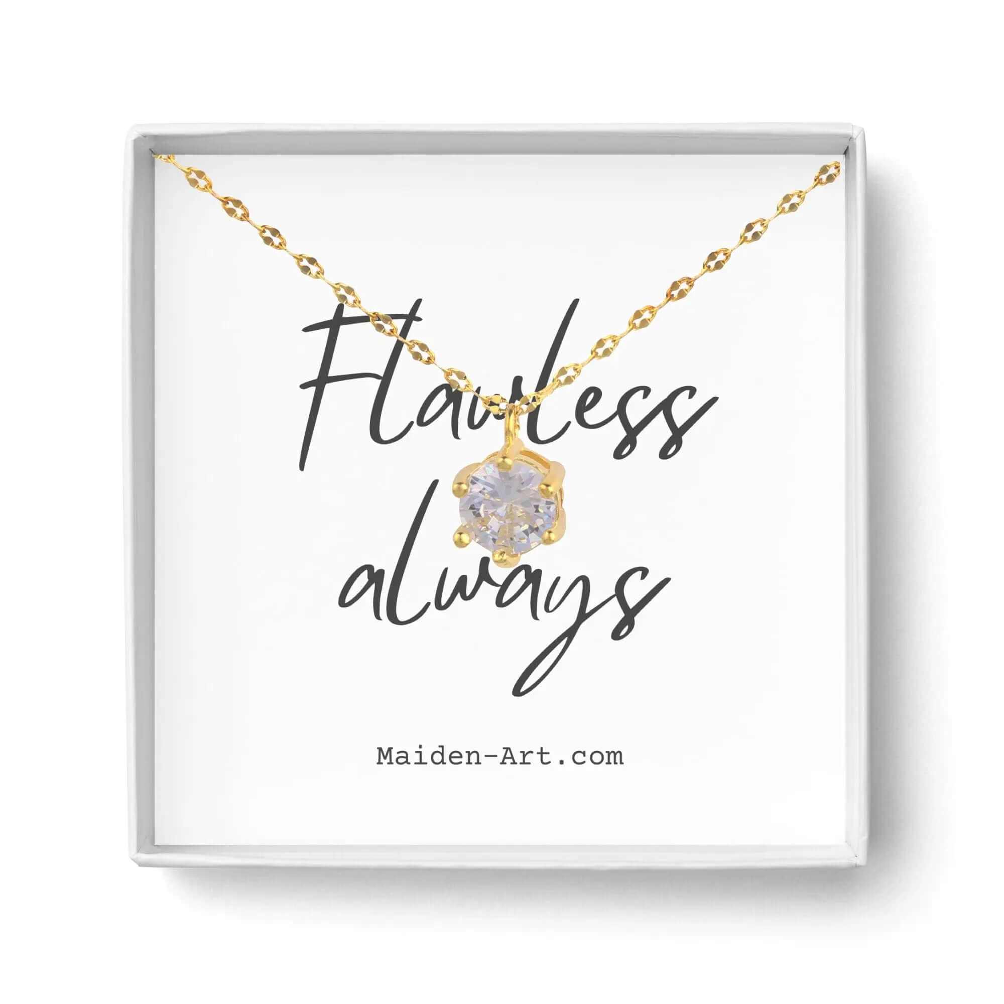 Dainty 14K gold-plated solitaire necklace with cubic zirconia on a display card, text reads 'Flawless always'.