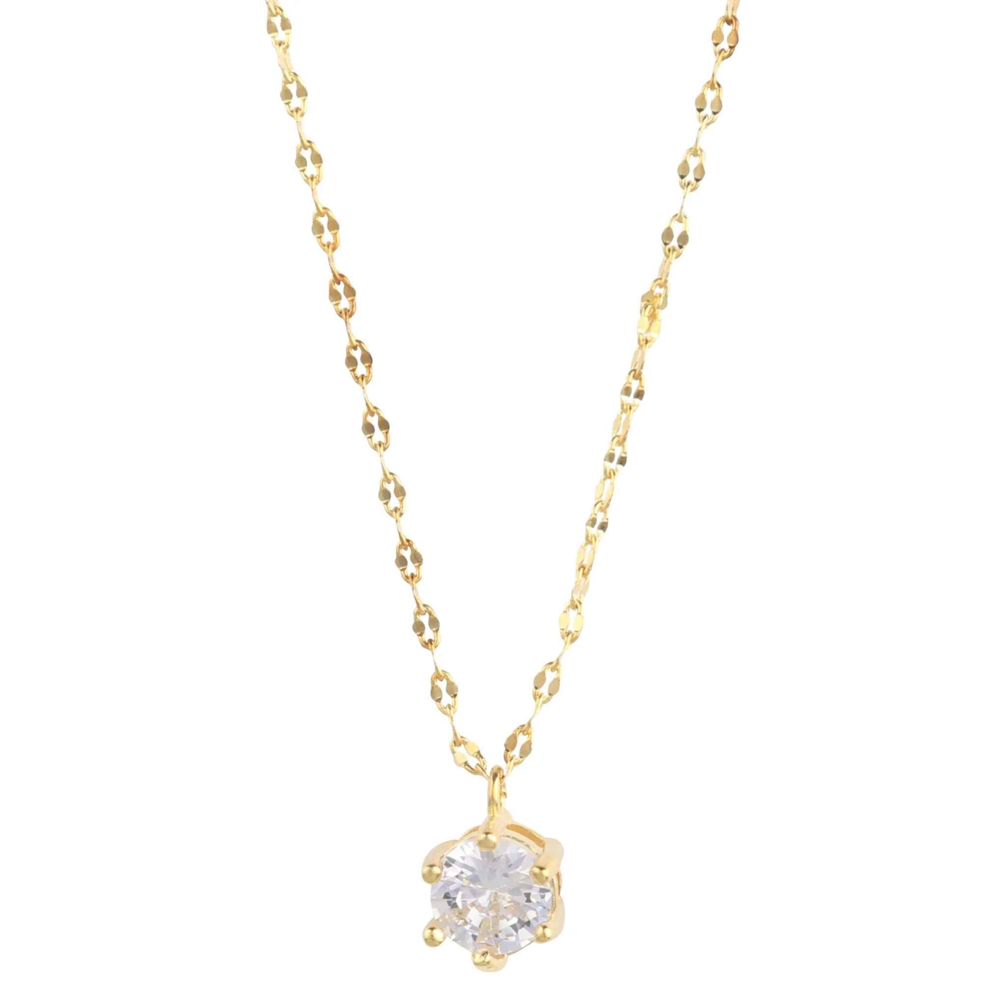 Dainty 14K gold plated solitaire necklace with clear cubic zirconia pendant on a delicate link chain.