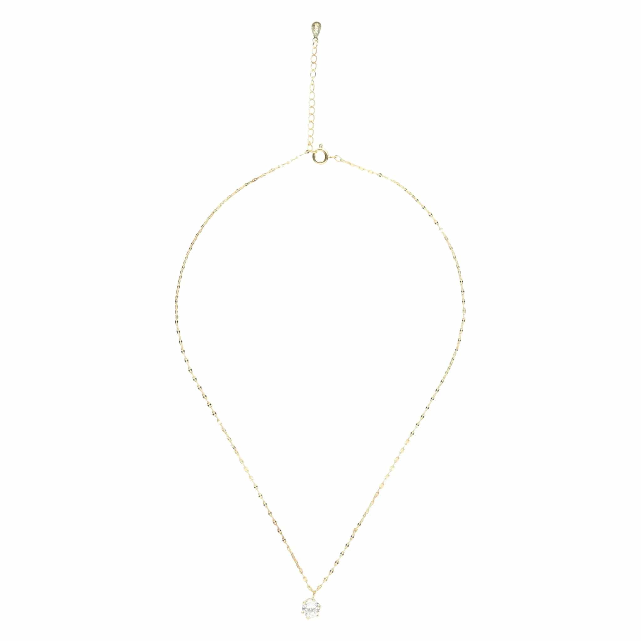 Dainty 14K gold plated solitaire necklace with cubic zirconia pendant on a delicate chain, perfect for elegant styles.